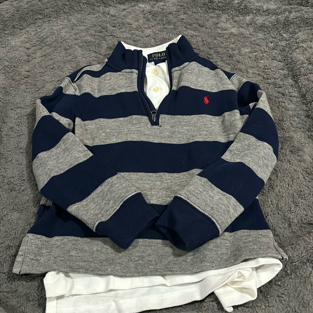 Polo by Ralph Lauren Navy & Gray Striped Quarter-Zip Sweater with Red Pony